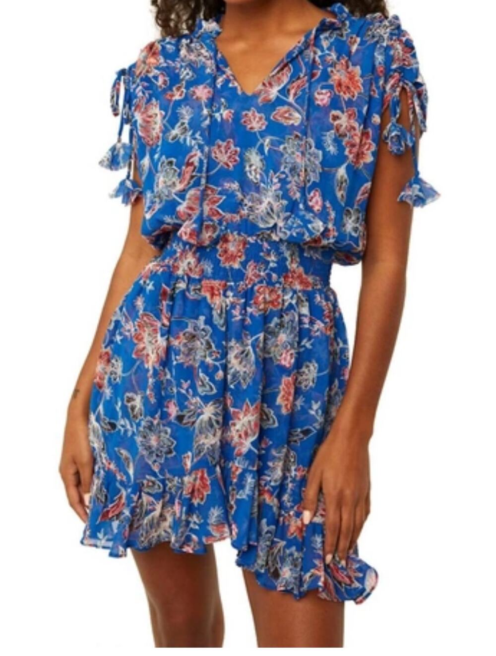 Misa LA Dominque Chiffon Smocked Tiered Mini Dress Blue Floral Print M